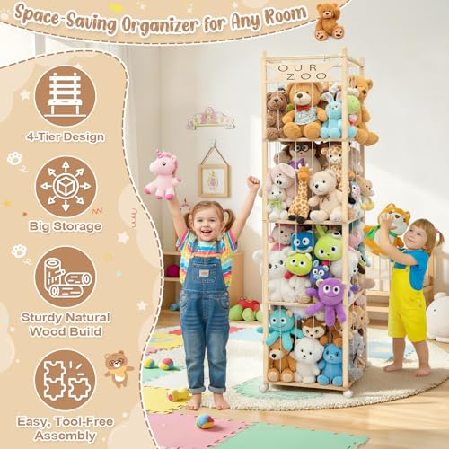OurWarm Stuffed Animal Storage & Organizer, 68.5 Inch Large Wooden Zoo Stuffed Animal Holder with Wheels, Kids Toy Storage Organizer for Nursery Storage, Toddler Rooms, Playrooms, Bedroom Organization