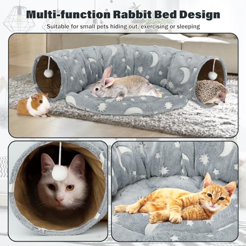 BWOGUE Bunny Tunnel Bed, 2-in-1 Collapsible Rabbit Tunnel Hideout with Mat | Rabbit Tunnel for Indoor Bunnies, Glows After Light Exposure, Removable Mat, Ball Toy for Play, Cats and Guinea Pigs - color: Grey