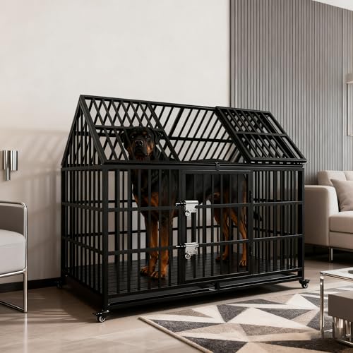 Heavy Duty Dog Crate for Large Dogs, 58 inches Extra Large Dog Kennel Indoor, Roof Dog Cage for High Anxiety Dogs - size: 58''