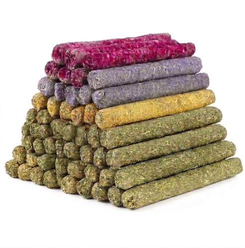40 Pcs Natural Rabbit Chew Sticks Timothy Hay Sticks Mixing Flowers, Roses, Calendula and Forget Me Not Flowers Organic Treats for Guinea Pigs, Chinchillas, Hamsters Dental Health & Digestion