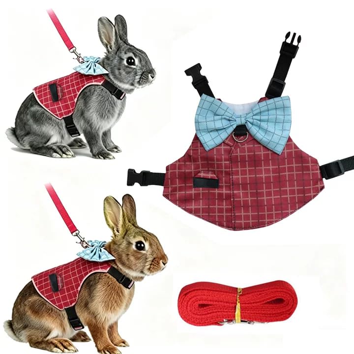 Rabbit Harness and Leash Set Escape Proof Plaid Bunny Vest with Bow Tie Breathable Mesh Harness Dual D Rings Adjustable Leash for Rabbit Guinea Pig Ferret Walking Training (Red, M) - color: Red, size: M