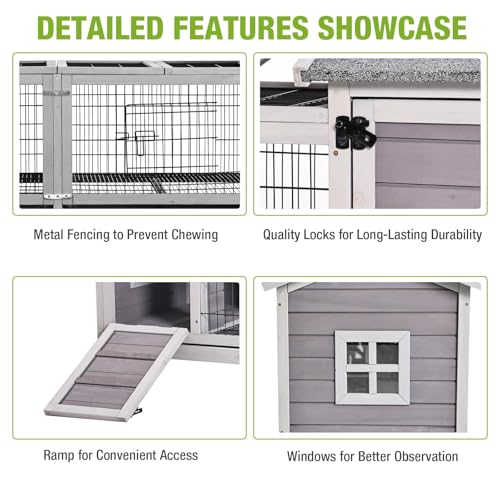 GUTINNEEN Rabbit Hutch Outdoor with Run, Bunny Cage on Wheels, 10.4 ft² Guinea Pig House, No-Leak Pull-Out Trays - size: 80.1"L x 22.8"W x 28.6"H