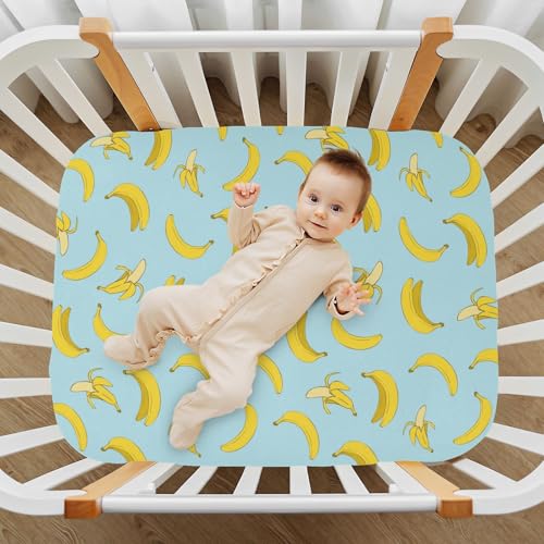 Banana Print Baby Crib Sheets for Boys Girls 27x39 Inch | Cartoon Delicious Tropical Fruit Playard Sheets Toddler Bed Sheets Yellow and Blue Fitted Unisex Mini Crib Mattress Cover - color: Blue, size: 39*27*5 In