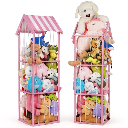 Wooden Stuffed Animal Storage Zoo 3-Tier, Anti-Tip Plush Toy Organizer | Large Capacity Stuffed Animal Organizer Holds 40+ Plushies, Anti-Tip Vertical Corner Toy Holder for Kids Nursery - color: Pink, size: Large