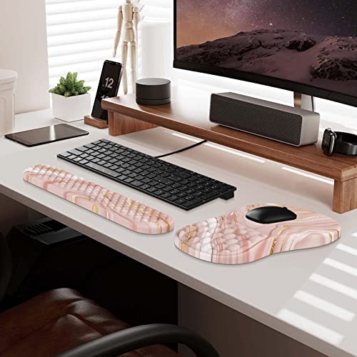 HAOCOO Ergonomic Keyboard Wrist Rest & Mouse Pad Set, Rose Gold Pink | Memory Foam Wrist Support, Ergonomic Keyboard Rest, Smooth Mouse Pad Surface, Non-Slip PU Base, Matching Coaster Set - color: Marble Rose Gold Pink Fluid