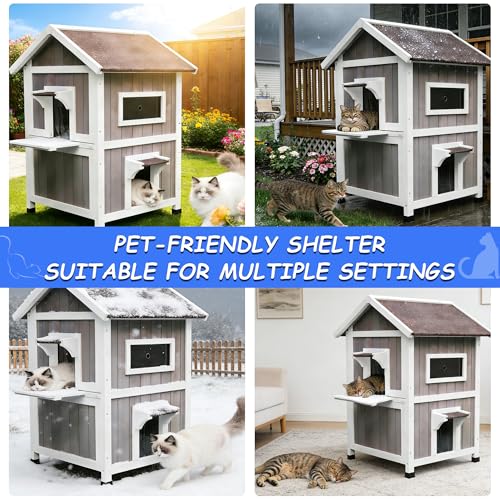 Rockever 2-Layer Outdoor Cat House, Weatherproof Wooden Outside Cat Shelter | Weatherproof grey wooden shelter with escape door, roomy resting spaces and secure protection for feral and outdoor cats