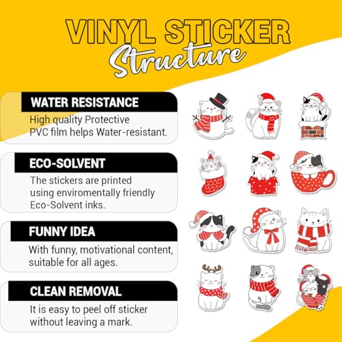 (12pcs-3in) Christmas Cat Sticker Stickers with Cute Santa Kitty Design Set | Gifts For Cat Lovers Kids Parents Friends For Laptop Water Bottle Tumbler Notebook Journal Scrapbook Phone Case Window Helmet - color: Cat 2, size: 3 Inches