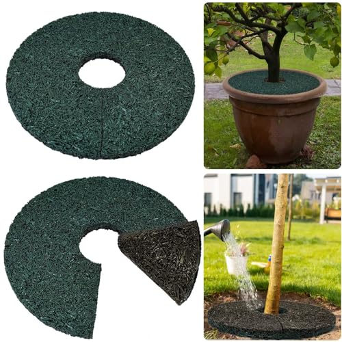 2pcs Double Side Rubber Tree Mulch Ring, 12In Heavy Duty Recycled Rubber Mulch Mat Natural Look Tree Root Protector Mat Reversible Round Tree Ring for Prevent Animal Dig, (Green Brown) - color: Green-2