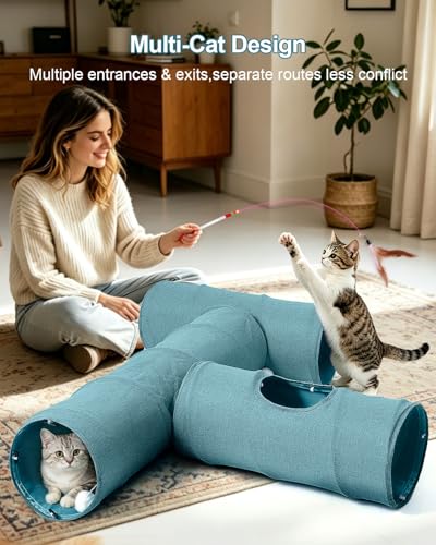 Cat Tunnel, 3 Straight Shaped Tunnels 6 DIY Shapes with Wand Toys, No Noise Scratch Resistant Cool Linen Fabric, Interactive Pet Tunnel Tube for Indoor Cats, Puppy and Rabbits - color: Blue