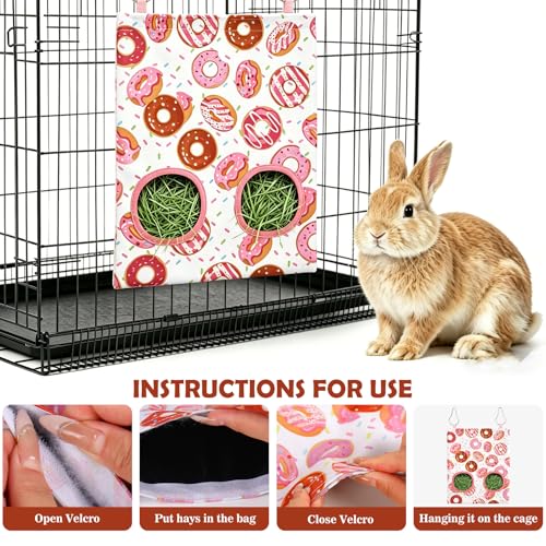 JarThenaAMCS 2Pcs Rabbit Hay Feeder Bag with 2 Holes Donut Guinea Pig Hanging Hay Feeding Bag Storage Dispenser for Chinchilla Hamster Bunny Small Animal Pet