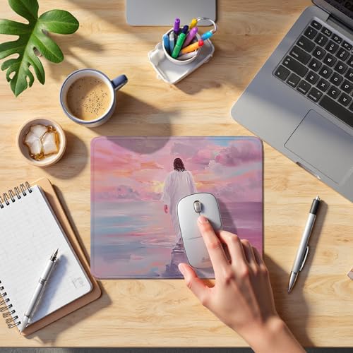 Pink Christian Jesus Walking on the Water Mouse Pad, Christian Jesus Gifts Mouse Pads Mousepad for Desk Office Computers Laptop, Religious Office Supplies Desk Accessories, 9.5x7.9 Inch - color: 03Child
