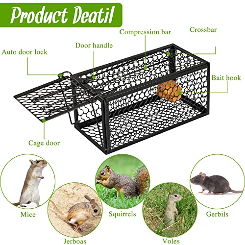 Qualirey 2 Pcs Humane Rat Trap Chipmunk Rodent Mouse Squirrel Trap,Black | 9.1 x 4.5 x 4.5 Inches Mouse Voles Hamsters Cage Rat Cage for Mice Easy to Catch and Release - color: Black