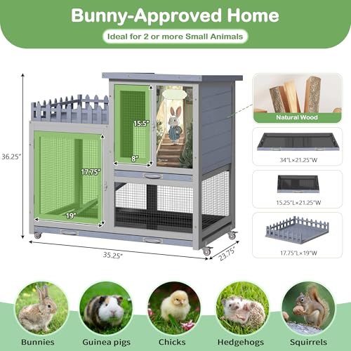 Wood Rabbit Hutch with Balcony Small Animal House Bunny Cage on Wheels | Ideal for multiple small animals, Featuring chewproof ramp & pull-out tray, Suitable for indoor or outdoor use