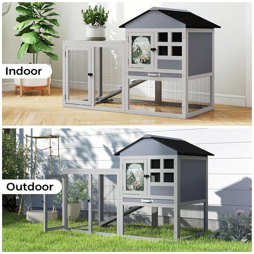 48" L Large Rabbit Hutch Outdoor Indoor, Expandable 2-Story Wooden Bunny Cage with Run, Removale Tray, 3 Entrances, Grey + Colorful Pattern