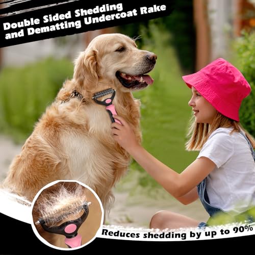 Professional 3PCS Self Cleaning Slicker Brush & Pet Grooming Rake & Flea Comb for Dogs,Cats and Horses | Double-Sided Dematting Comb & Skin Friendly Deshedding Grooming Tool (Light Pink) - color: Light Pink