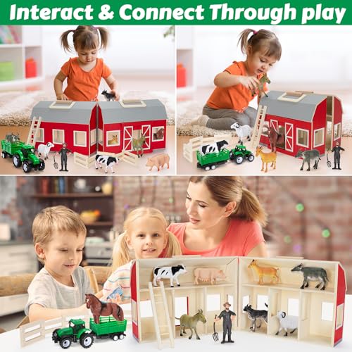 Wooden Barn Toys for Toddlers Ages 3 4 5, Farm Animals Toys for Boys Girls | Big Barn Farm with Figures Animals, Tractor Toy, Farm Playset Educational Preschool Learning Toys, Christmas Birthday Gifts