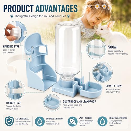 Rypet Rabbit Water Bottle No-Drip, Bunny Guinea Pig Water Dispenser(Blue) | 17 oz 500 mL Capacity, Inside&Outside Mount, No Noise, Bunny Chinchilla Guinea Pig Hedgehog Ferret - color: Blue