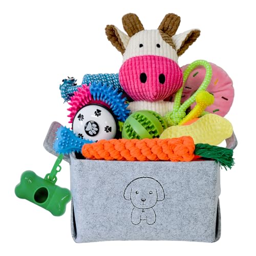 MRSOHRET 20Pcs Puppy Chew Toys for Teething, Dog Chew Toys with Rope Toy, Pet Dog Toothbrush, Treat Balls, Plush Toys and Squeaky Toys for Small Medium Dogs with Basket to Keep Them Busy - color: 20 Pack