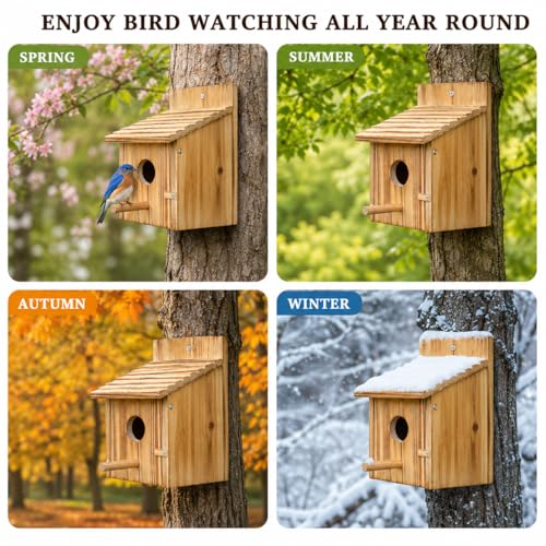 Wooden Bird House for Outside, Hanging Natural Wood Birdhouse with Perch, 1.57" Entrance & Side Clean-Out Door for Bluebirds, Wrens and Finches, Garden Decor