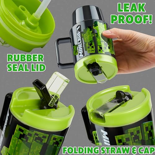 Get Trend Minecraft Kids Water Bottle with Straw 16.9 oz BPA Free Plastic Leakproof Cup with Lid Handle Reusable Drinking Tumbler Gifts for Kids (Green Minecraft) - color: Green Minecraft