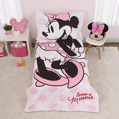 Disney Minnie Mouse Pink, White and Black 4 Piece Toddler Bed Set with Comforter, Fitted Bottom Sheet, Flat Top Sheet, Standard Size Pillowcase - color: Minnie Mouse Pink