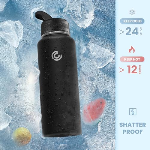 COKTIK 32oz Sports Water Bottle, Stainless Steel Water Bottle for Insulated, Reusable Travel Bottle, With Straw, With Handle Grip for Easy Carrying, Suitable for Cycling, Outdoor Vacations(Black) - color: Black, size: 32 Ounces