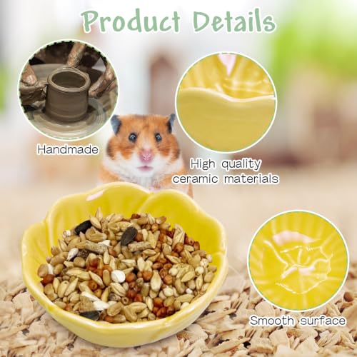 BNOSDM Shallow Ceramic Hamster Food Dish 2 Pcs Small Animals Food Bowl Sunflower Feeding Dishes for Gerbils Mice Rats 4.5in (Dark Blue) - color: Yellow