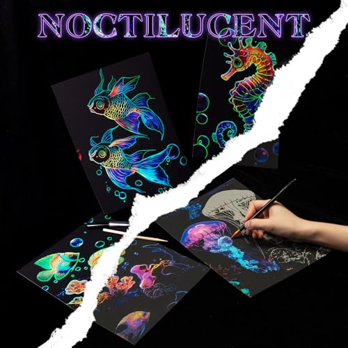 Gersoniel 8 Pack Scratch Paper Art Glow in The Dark Scratch Kit for Adult Rainbow Painting Paper Sheet with Pen / Cleaning Brush Noctilucent Engraving Scratchboard for Adults Craft Gift, Stress Relief - color: Whale,Jellyfish