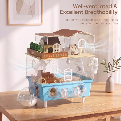 Acrylic Hamster Cage 2 Tier Clear Hamster House with Tunnels | Dwarf Hamster Cage & Habitat with Running Wheel, Food Bowl for Gerbils Syrian Hamsters,13.3''L* 9.8''W* 17.4''H, Blue - color: Blue
