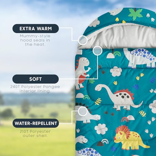 Wake In Cloud - Kids Sleeping Bag for Boys Toddlers, Camping in Warm Cold Weather, Backpacking Lightweight Compact Outdoor Liner for 3 Seasons, Cartoon Jurassic Dinosaur - color: Teal Blue
