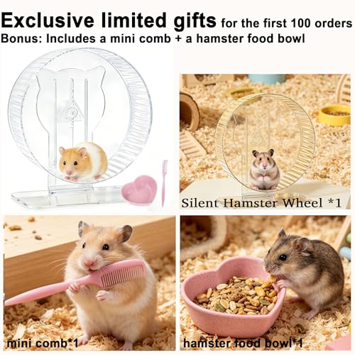 Silent Hamster Wheel 9.3 Inch, Quiet Spinner Running Wheel with Adjustable Stand & Non-Slip Track – Ideal Small Animal Cage Accessories for Hamsters Gerbils Dwarf Syrian Mice - color: (5A Premium Edition）Hamster Wheel+Pink Comb + Bowl