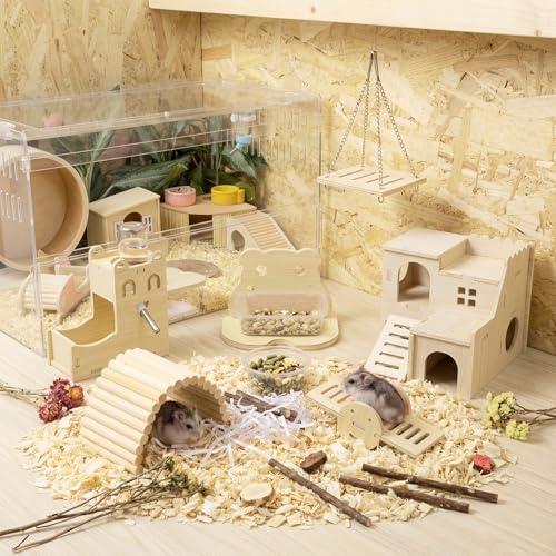 BreezeHug 6 Pcs Hamster Wooden Hideouts Hamster Houses Feeder and Waterer Chinchillas Chew Cage Accessories Activity Enrichment for Rats Gerbils Small Animals Habitat - style: Classic