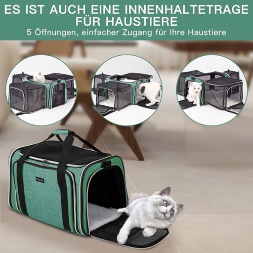 BAGLHER Cat Carrier Bag,Airline Approved Pet Carrier Soft Side Pet Travel 5 Sides Open Doors 3 Sides Expandable Foldable Dog Carrier with Fleece Pad - color: Green, size: 17.5"L x 12.0"W x 11.5"H