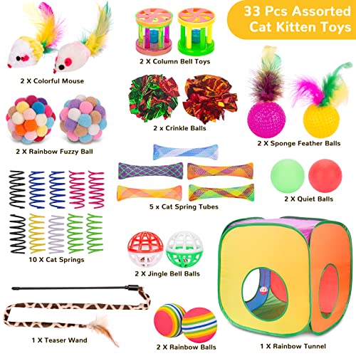 Retro Shaw Cat Toys for Indoor Cats Kitten, Cat Game Tunnel, 33 Pack | Interactive Kitten Toys Pack, Feather Wand Kit Balls Bell Springs Mice, Hide-and-Seek Self-Play for Bored Cats Chase - color: For cats over 12lbs