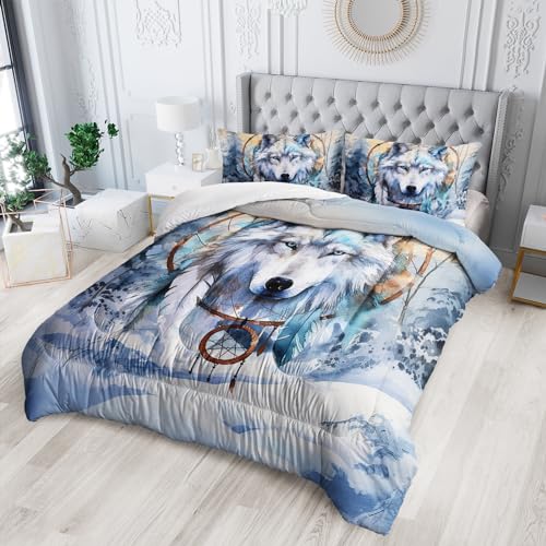 Nttopship White Wolf Comforter Sets Full Size for Kids,White Wolves 3D Cartoon and Dream Catchers Comforter Sets All Season 1 Comforter and 2 Pillowcases - color: White Wolf, size: Full