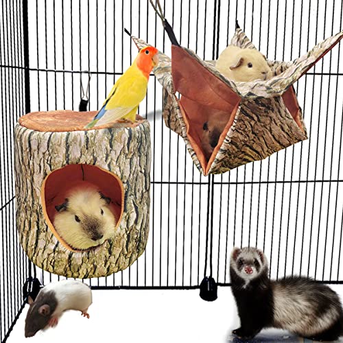 EAEDMY Guinea Pig, Rat & Ferret Tree Hole Bed and Hammock Tunnel, Parrot Bird Hideout and Soft Bed - color: 1.Tree hole bed and hammock