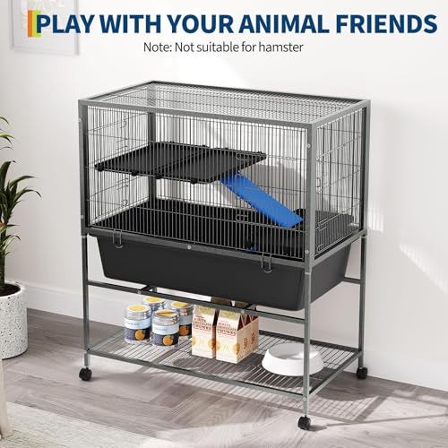 Ferret Cage, 40.5" H Large Ferret Nation Cage with 2 Removable Ramps, Metal Small Animal Cages On Wheels for Chinchillas, Guinea Pigs, Rabbit, Sugar Glider (Grey Hammertone) (41" H)