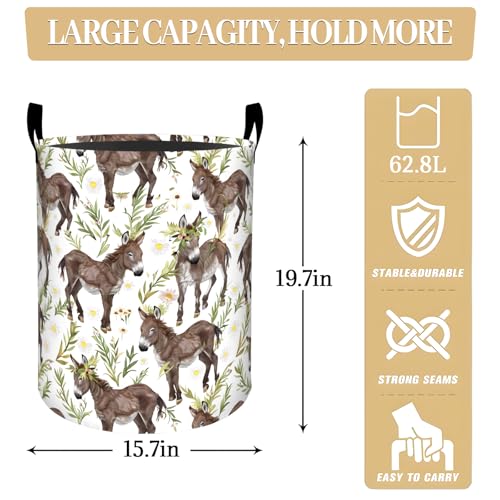 Cute Brown Donkey with Greenery Laundry Basket, Dorm Nursery Foldable Laundry Hamper Organizer for Bathroom Decor, Toy Clothes Storage Box for Bedroom 19.7x15.7 Inch - style: Donkey07