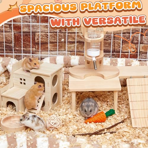 5 Pcs Hamster Cage Accessories, Wood Hamster Play Wooden Platform Water Bottle with Stand Climbing Set for Rat Mice Small Animals Pets Habitats Woodland Decor(Villa Playground) - style: Villa Playground