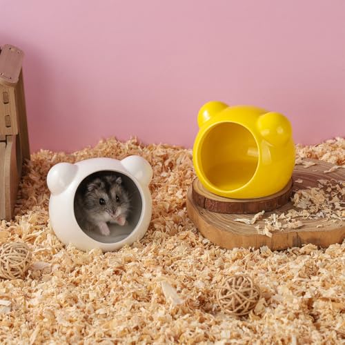 VanEnjoy 2 Pack Ceramic Hamster Hideout Yellow and White Small Animal Hides for Gerbils Mice Cute Summer Cooling Houses for Cage Accessories - color: Yellow and white