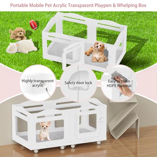 Acrylic Indoor Dog Playpen, Whelping Box with Pet Stroller, Puppy Playpen for Small Medium Pets, Cat Rabbit & Puppies, 6-Panel with Bottom Panel, 8 Wheels, Safe, Sturdy, White - color: White