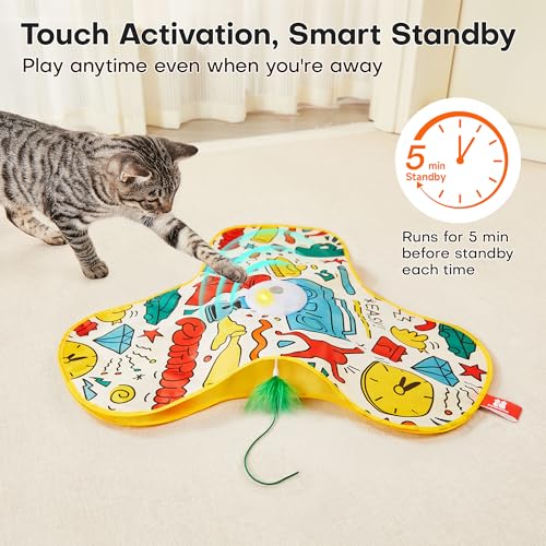 Potaroma Interactive Cat Feather Toys, Hide and Seek Moving Feather Wand | Rechargeable Touch Activated Indoor Kitten Exercise Kicker, Mouse Squeaky, Graffiti Cover - color: Graffiti Cover