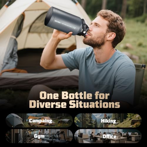 ONETIGRIS 64oz Tactical Insulated Water Bottle with 3 Lids & MOLLE Pouch | 48H Cold & 24H Hot Double Wall, 304 Stainless Steel Wide Mouth, BPA Free Leakproof Silicone Seal, Paracord Handle Easy Carry - color: Gray