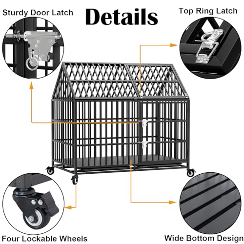 50 inch Heavy Duty Indestructible Dog Crate with 2 Bowls, Steel Double Door Indoor High Anxiety Cage for Large Giant Dogs, Escape-Proof Chew-Proof Pet Kennel with Trays and Wheels, Extra Large XL XXL - size: 49.2"L x 29.7"W x 46.3"H