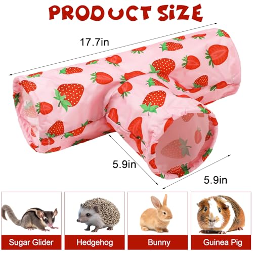 JarThenaAMCS Guinea Pig Tunnel 3 Way Washable Guinea Pig Hideout Pink Strawberry Foldable Rabbit Tunnel Small Animal Toy for Bunny Hamster Chinchilla Ferret Accessory