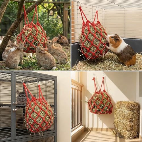 Red Hanging Spherical Rabbit Hay Feeder 13×11in,Interactive Hay Pouch - color: Red