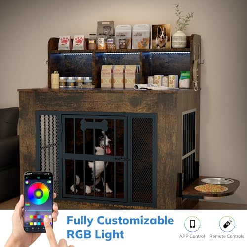 Petrova 33" Dog Crate Furniture with Storage Shelf & 2 Stainless Steel Bowls, Heavy Duty Indoor Dog Kennel for Medium/Small Dogs, Wooden Dog Cage with 4 Hooks, LED Light, Walnut Brown - color: Walnut Brown, size: 33.9"L x 21.9"W x 37.2"H