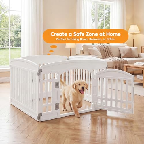 NEWBULIG Dog Playpen 4-Panel, 24IN Puppy Playpen, Stable Dog Play Pen Indoors/Outdoor with Secure Locking Door, Plastic Pet Fence for Small & Medium Dogs | Portable, Secure Locking Door, Indoor Outdoor Yard RV Camping, Small Medium Dogs, White - color: Wh