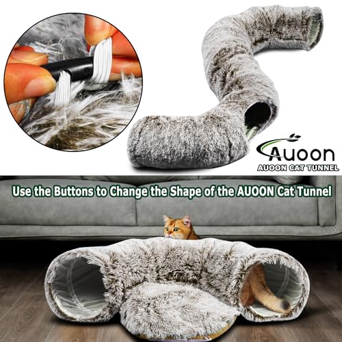 AUOON Plush Cat Tunnel Bed for Indoor Cats, 36" L x 36" W x 11.5" H, Brown | 2 in-1 Interactive Cat Toy, with Hanging Ball Toy, Machine Washable Center Pad, for Kitten Puppy Rabbit Ferret - color: Brown