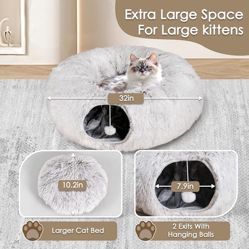 Peekaboo Cat Cave with Washable Mat, Collapsible Cat Play Tunnel for Kittens & Small Pets, Plush Cat Donut Bed Tunnel, Brown - color: brown